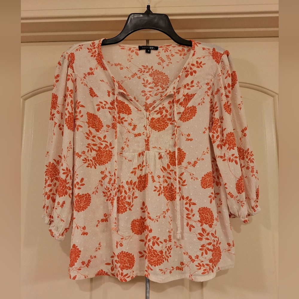 Papermoon Floral Textured 3/4 Sleeve V-Neck Blouse Cream & Red-Orange